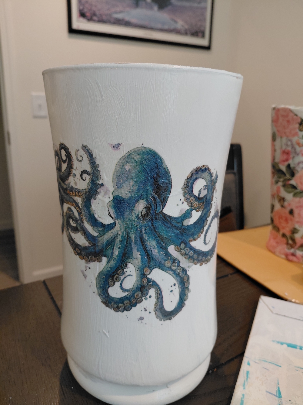 Hand-Painted Blue Octopus Ceramic Vase - White